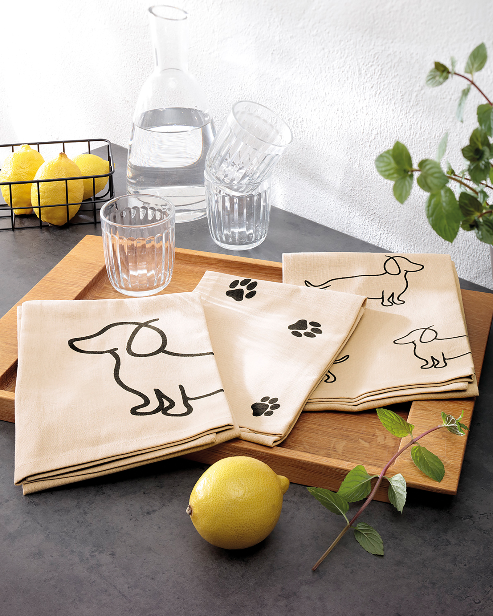 Cawö Home Geschirrtücher Cuisine WE LOVE DOGS Paws 6247 schwarz/beige - 93 - 50x70 cm